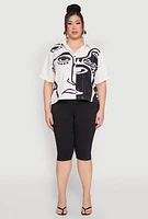 Womens Plus Rhinestone Abstract Face Graphic Shirt, White,
