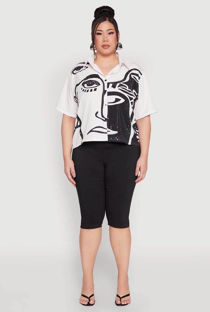 Womens Plus Rhinestone Abstract Face Graphic Shirt, White,
