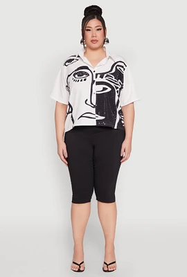 Womens Plus Rhinestone Abstract Face Graphic Shirt, White,