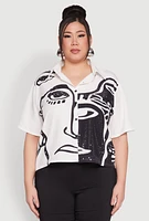 Womens Plus Rhinestone Abstract Face Graphic Shirt, White,