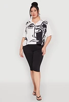 Womens Plus Rhinestone Abstract Face Graphic Shirt, White,