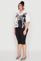 Womens Plus Rhinestone Abstract Face Graphic Shirt, White,