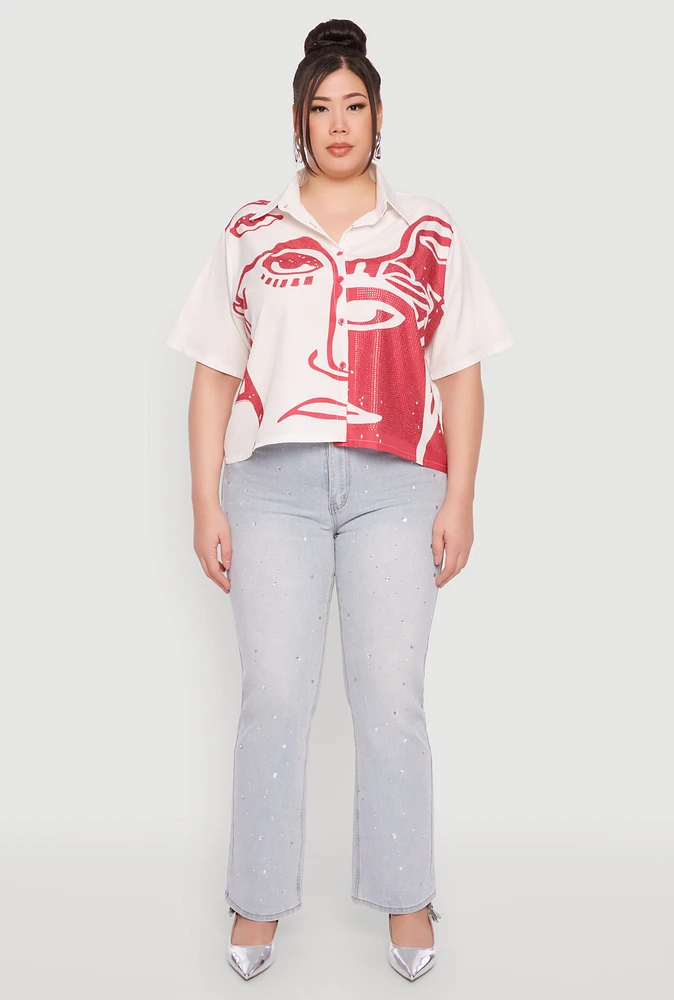 Womens Plus Size Rhinestone Abstract Face Graphic Shirt, White, Size 3X