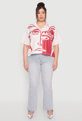 Womens Plus Size Rhinestone Abstract Face Graphic Shirt, White, Size 3X