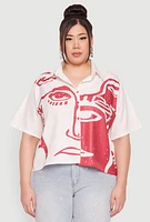 Womens Plus Size Rhinestone Abstract Face Graphic Shirt, White, Size 3X