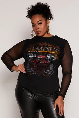 Womens Plus Size Famous World Tour Graphic Mesh Top, Black, Size 2X