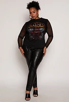 Womens Plus Size Famous World Tour Graphic Mesh Top, Black, Size 2X