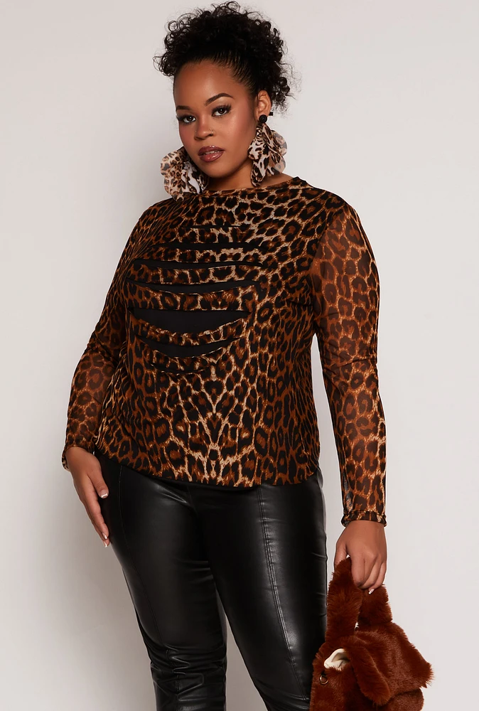 Womens Plus Size Slashed Leopard Print Mesh Top, Brown, Size 3X