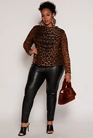 Womens Plus Size Slashed Leopard Print Mesh Top, Brown, Size 3X