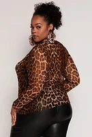 Womens Plus Size Slashed Leopard Print Mesh Top, Brown, Size 3X