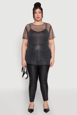 Womens Plus Size Rhinestone Studded Fishnet Top, Black, Size 3X