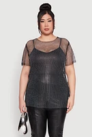 Womens Plus Rhinestone Studded Fishnet Top,