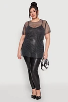 Womens Plus Rhinestone Studded Fishnet Top,