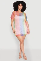 Womens Plus Rhinestone Studded Fishnet Top, Multi,