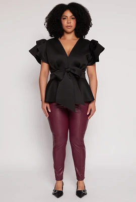 Womens Plus Size Tiered Sleeve Tie Waist Peplum Top, Black, Size 2X