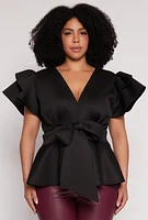 Womens Plus Size Tiered Sleeve Tie Waist Peplum Top, Black, Size 2X