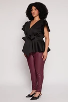 Womens Plus Size Tiered Sleeve Tie Waist Peplum Top, Black, Size 2X