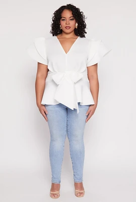 Womens Plus Size Tiered Sleeve Tie Waist Peplum Top, White, Size 1X