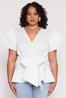 Womens Plus Size Tiered Sleeve Tie Waist Peplum Top, White, Size 1X