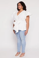Womens Plus Size Tiered Sleeve Tie Waist Peplum Top, White, Size 1X