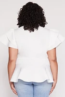 Womens Plus Size Tiered Sleeve Tie Waist Peplum Top, White, Size 1X