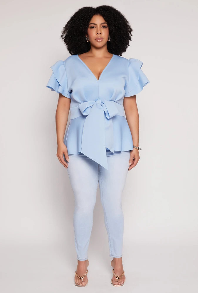 Womens Plus Size Tiered Sleeve Tie Waist Peplum Top, Blue, Size 1X