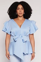Womens Plus Size Tiered Sleeve Tie Waist Peplum Top, Blue, Size 1X