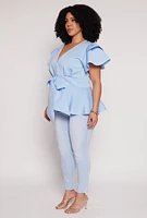 Womens Plus Size Tiered Sleeve Tie Waist Peplum Top, Blue, Size 1X