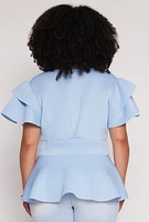 Womens Plus Size Tiered Sleeve Tie Waist Peplum Top, Blue, Size 1X