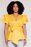 Womens Plus Size Tiered Sleeve Tie Waist Peplum Top, Yellow, Size 2X