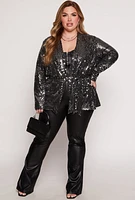 Womens Plus Size Foiled Lurex Tie Front Blazer, Black, Size 3X