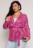 Womens Plus Size Foiled Lurex Tie Front Blazer, Pink, Size 2X