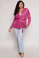 Womens Plus Size Foiled Lurex Tie Front Blazer, Pink, Size 2X