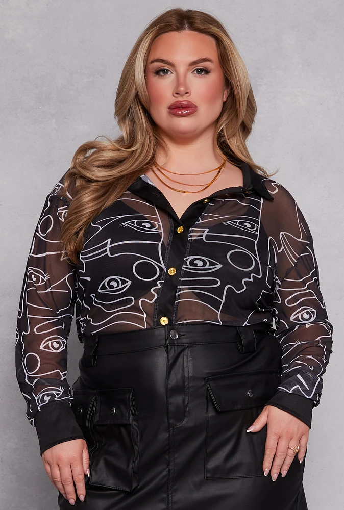 Womens Plus Size Face Print Mesh Button Front Shirt, Black, Size 2X