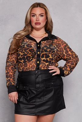 Womens Plus Size Leopard Mesh Button Front Shirt, Brown, Size 1X