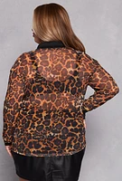 Womens Plus Size Leopard Mesh Button Front Shirt, Brown, Size 1X