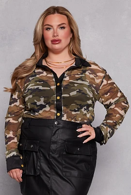 Womens Plus Size Camo Mesh Contrast Trim Shirt, Green, Size 3X