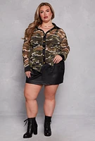 Womens Plus Size Camo Mesh Contrast Trim Shirt, Green, Size 1X