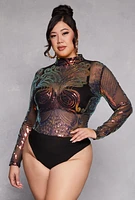 Womens Plus Size Sequin Butterfly Pattern Bodysuit, Multi, Size 2X