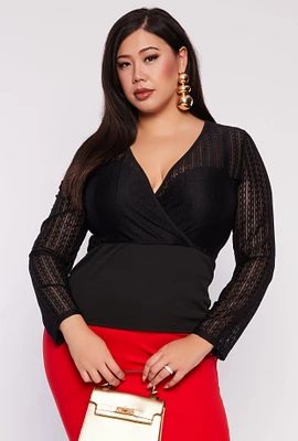 Womens Plus Size Geometric Mesh Faux Wrap Top, Black, Size 1X