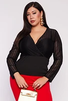 Womens Plus Size Geometric Mesh Faux Wrap Top, Black, Size 1X