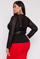 Womens Plus Size Geometric Mesh Faux Wrap Top, Black, Size 1X