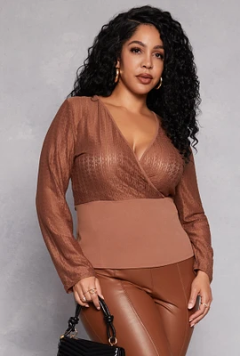 Womens Plus Size Geometric Mesh Faux Wrap Top, Brown, Size 2X