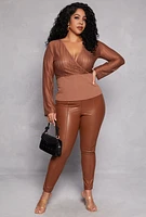 Womens Plus Size Geometric Mesh Faux Wrap Top, Brown, Size 2X