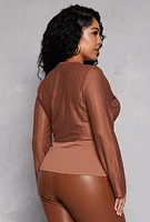 Womens Plus Size Geometric Mesh Faux Wrap Top, Brown, Size 2X