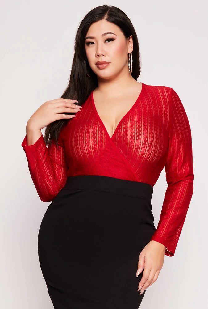 Womens Plus Size Geometric Mesh Faux Wrap Top, Red, Size 2X