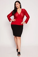 Womens Plus Size Geometric Mesh Faux Wrap Top, Red, Size 2X