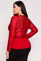 Womens Plus Size Geometric Mesh Faux Wrap Top, Red, Size 2X