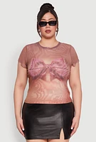 Womens Plus Size Rhinestone Studded Graphic Print Mesh Tee, Brown, Size 3X