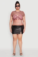 Womens Plus Size Rhinestone Studded Graphic Print Mesh Tee, Brown, Size 3X